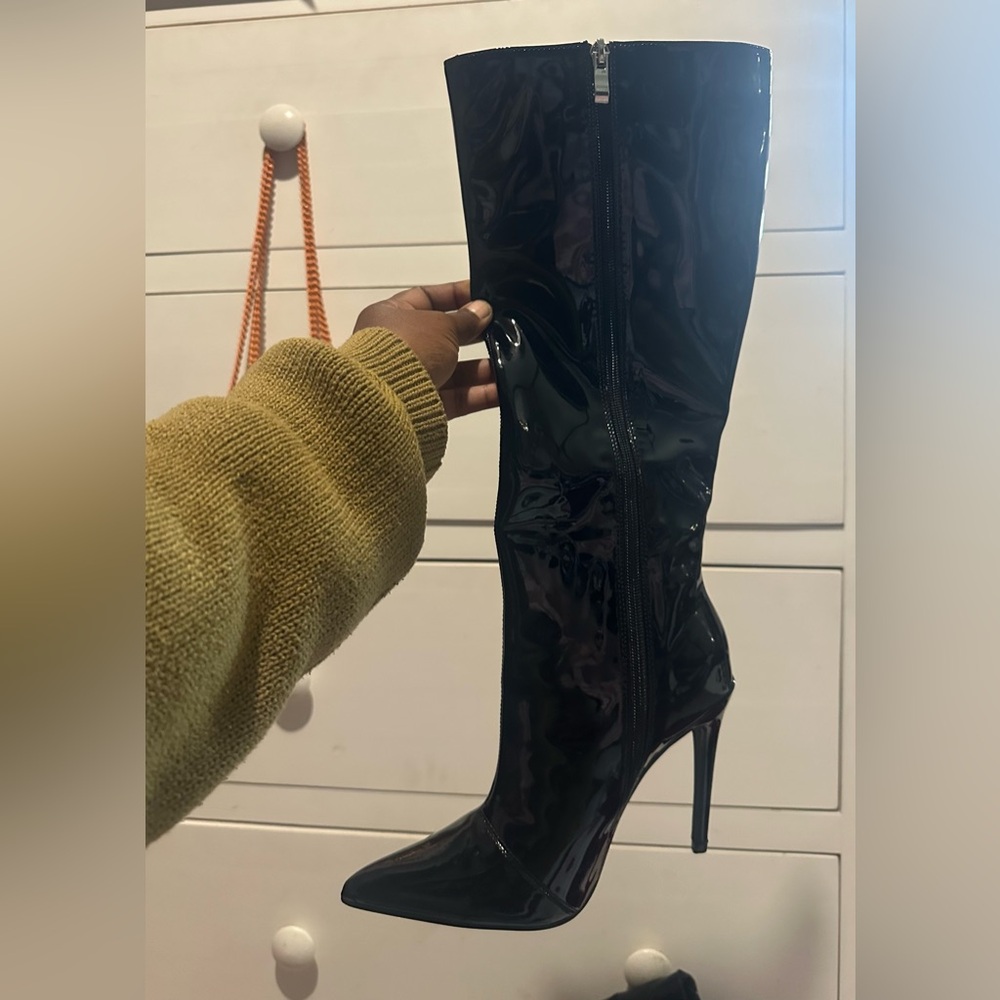 Black Leather knee high heeled boots